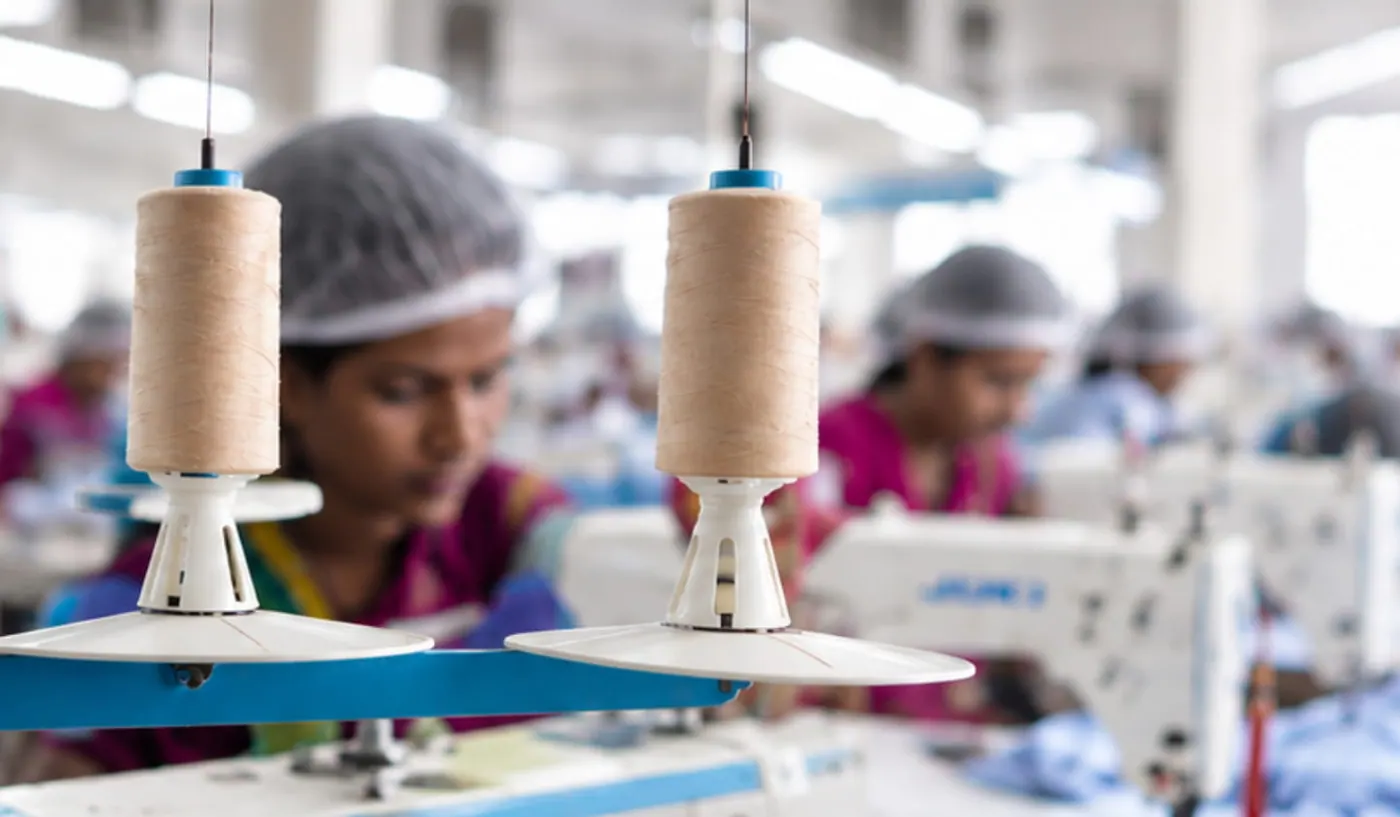 Production lines of industrial sewing machines at Gupta factory